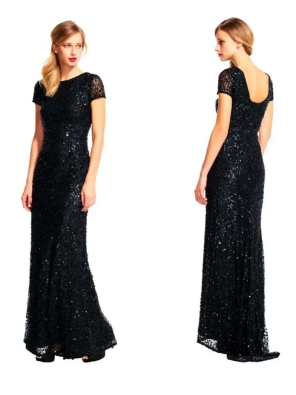 Adrianna Papell Scoop Back Sequin Gown (Black, 16)